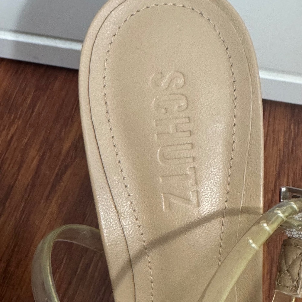 Schutz Strappy Sandal Heels 8B Clear PVC Nude Leather Stiletto Neutral Formal - Picture 5 of 9